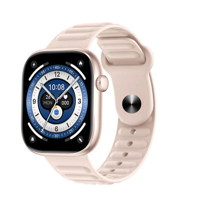 QS12 smartwatch with pale pink silicone band and round-detailed digital display