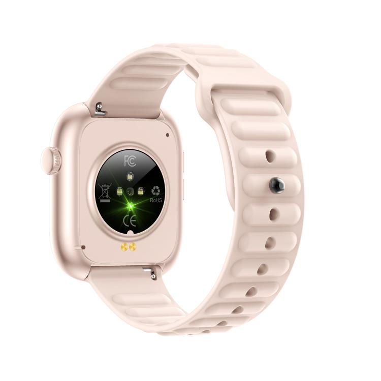 QS12 smartwatch rear view showing optical sensor and pale pink silicone band