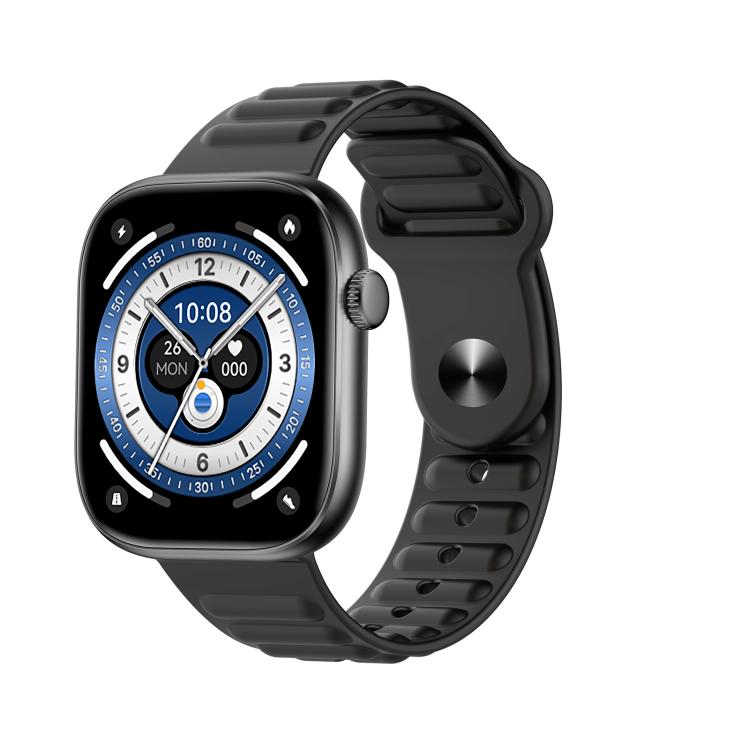 QS12 smartwatch with black silicone band and round-detailed digital display
