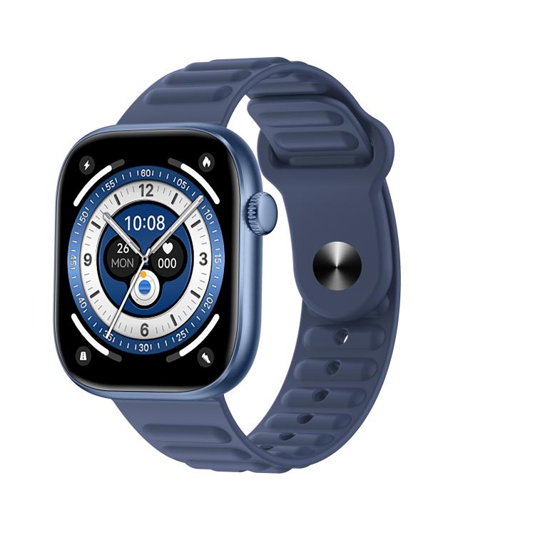 QS12 smartwatch with blue silicone band and round-detailed digital display