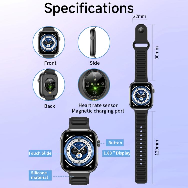 QS12 smartwatch specifications showing dimensions, silicone band, display, and health sensor