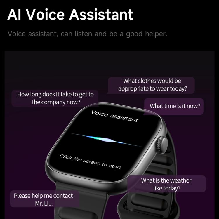 QS12 black sports smartwatch displaying its voice assistant screen