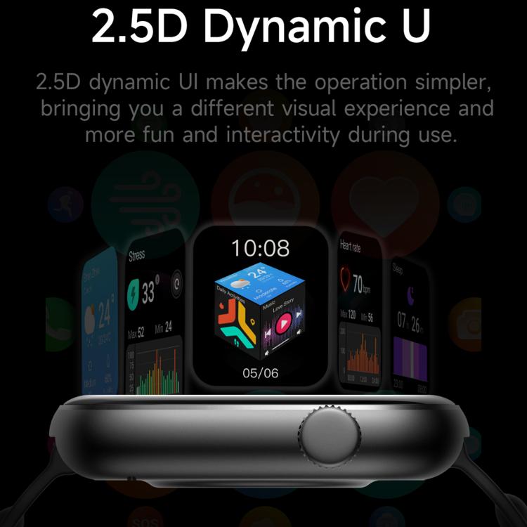 QS12 smartwatch in profile with side crown and display face options