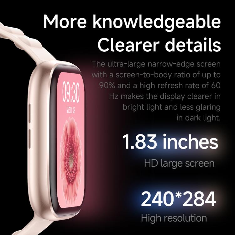 QS12 pink sports smartwatch with a rectangular 1.83-inch display and silicone band