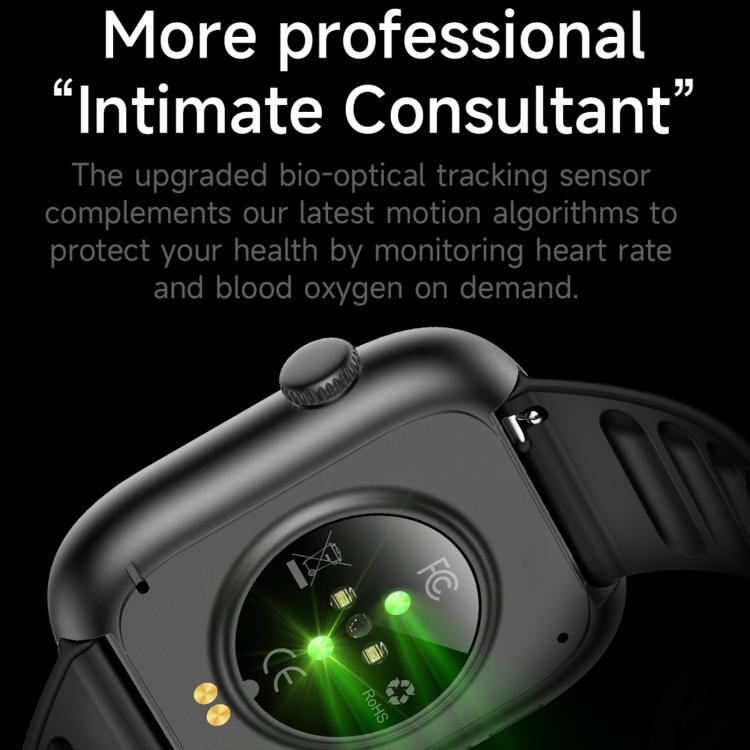 QS12 smartwatch rear with optical health sensor and black band