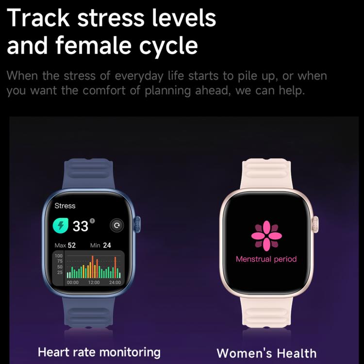 QS12 smartwatches in blue and pink displaying stress and menstrual cycle tracking screens