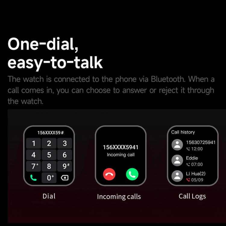 QS12 smartwatch call interface showing keypad, incoming call, and call log screens