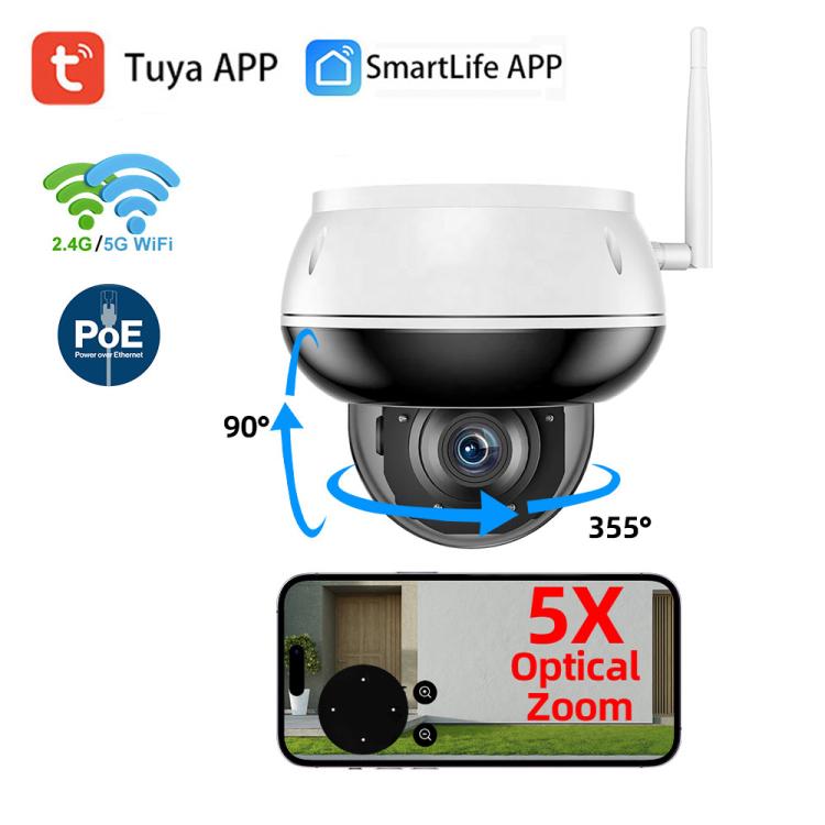 White outdoor dome security camera with antenna, showing 355° pan and 90° tilt