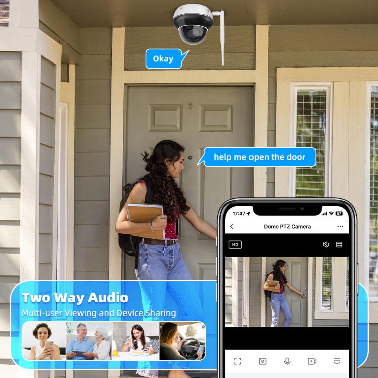 Outdoor dome PTZ security camera with white housing and wall mounting bracket
