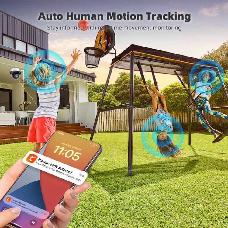 Outdoor dome security camera mounted outside with motion tracking indicator overlays