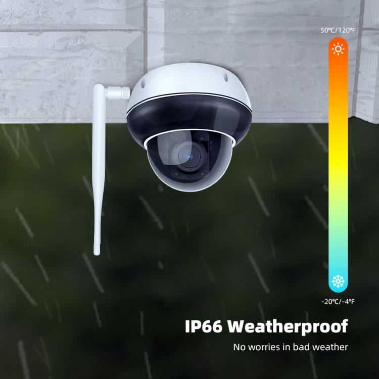 White outdoor dome security camera with weatherproof housing and front lens