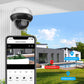Outdoor dome PTZ security camera mounted under roofline, shown with app preview