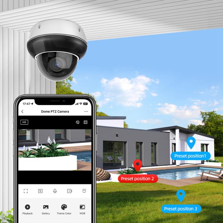 Outdoor dome PTZ security camera mounted under roofline, shown with app preview