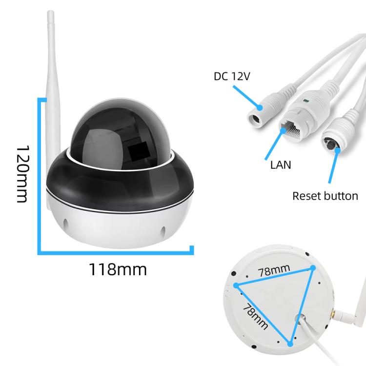 White dome security camera with DC 12V and LAN ports plus reset button