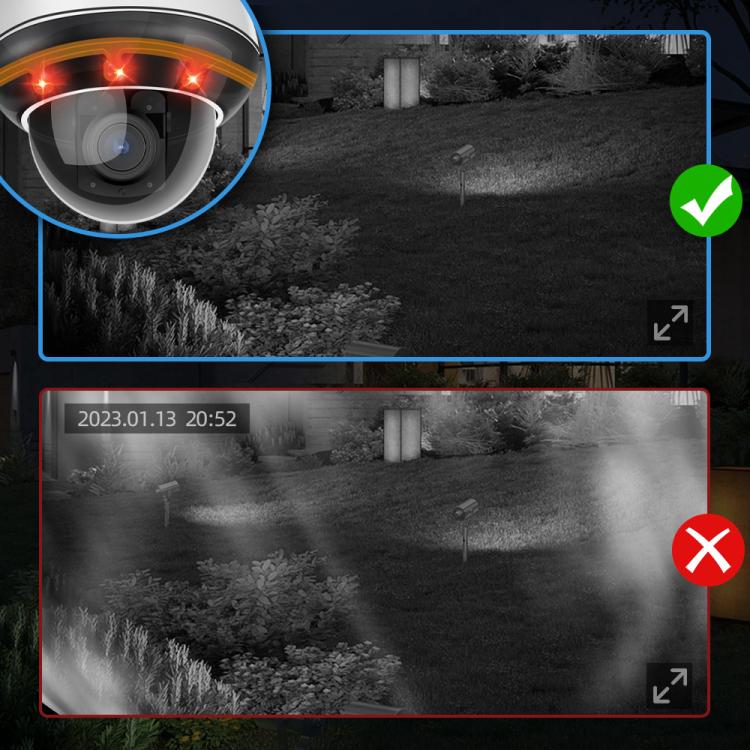 Outdoor dome security camera night view with IR lighting and recording timeline