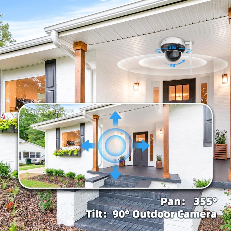 Outdoor dome camera showing pan 355° and tilt 90° outdoor camera icons