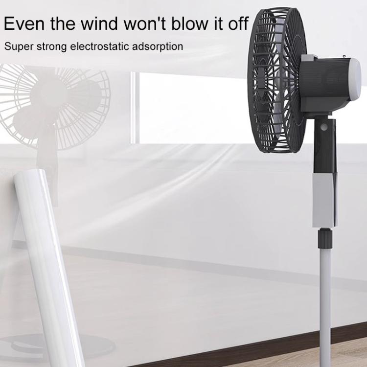 Transparent electrostatic wall protective film held in place, with a fan nearby