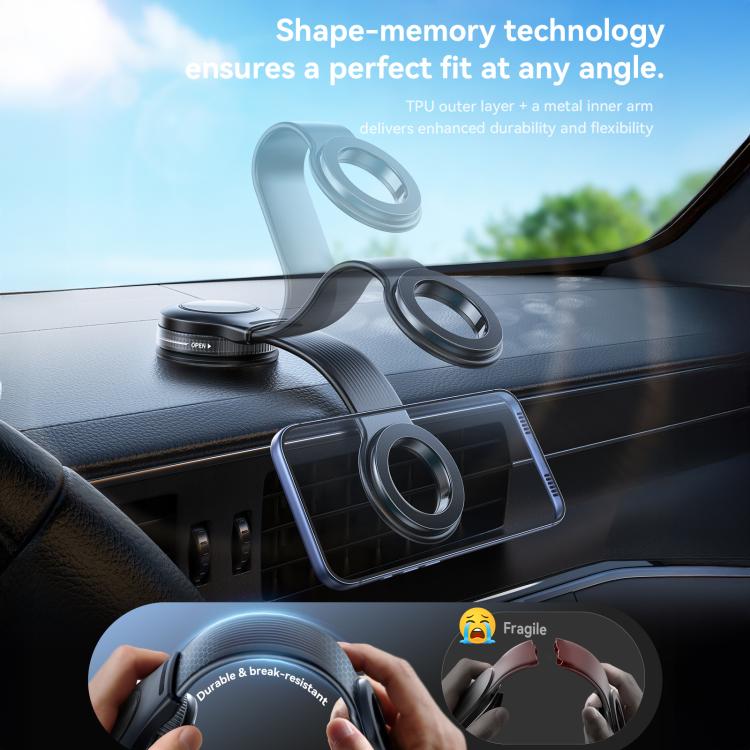 Magnetic phone holder for car dashboard with bendable arm and suction base