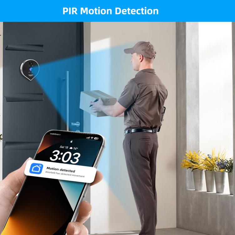 Panoramic doorbell camera with PIR motion alert notification on smartphone