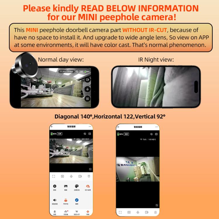 Smart peephole camera with phone app screen and normal vs IR night view thumbnails