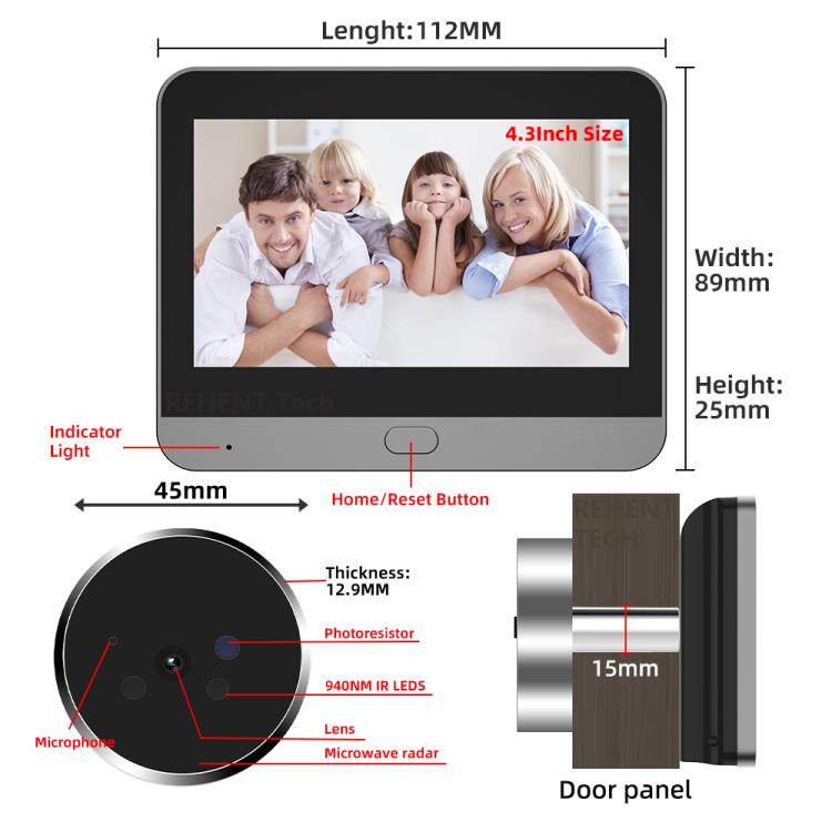 RH-PD9 video doorbell size diagram with 4.3-inch screen and round radar camera module