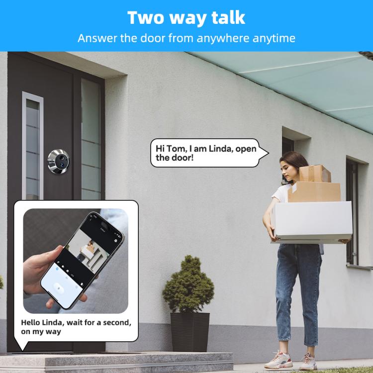 Smart WiFi video doorbell monitor showing live visitor and two-way talk