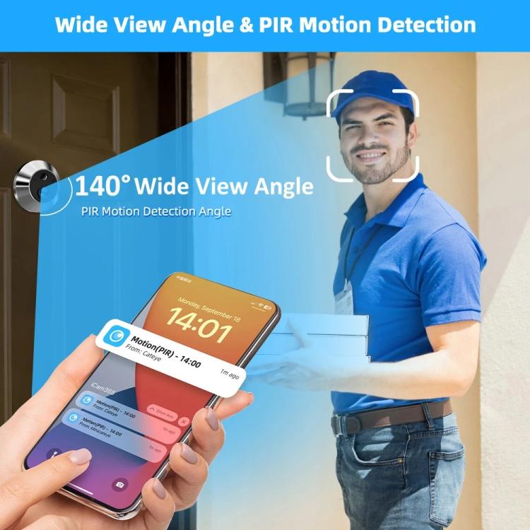 Smart doorbell camera with wide-angle motion detection graphic and delivery worker