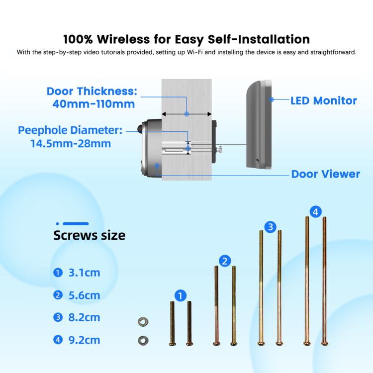 Diagram of smart doorbell installation measurements with door viewer and screws