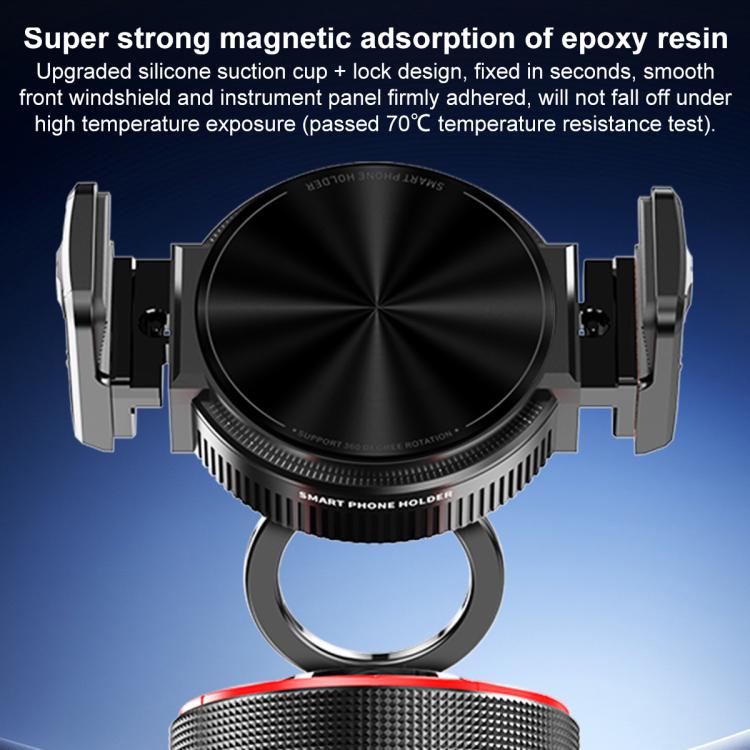 360° car phone holder with suction base and magnetic clamp arms, black circular mount