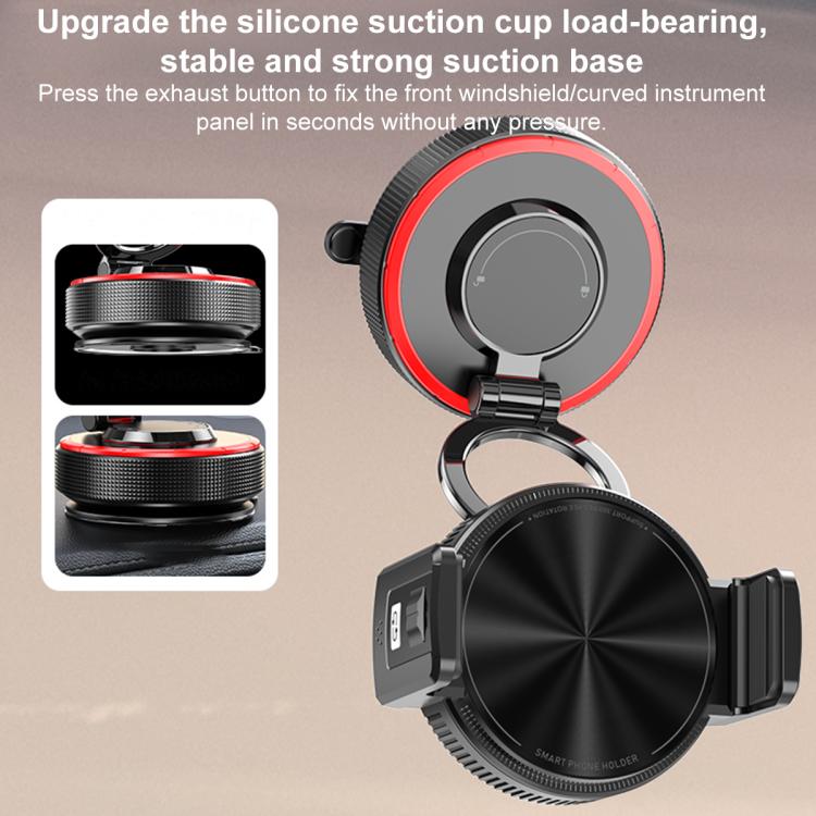 Car phone holder with round suction base and black magnetic cradle, gray clamp arms