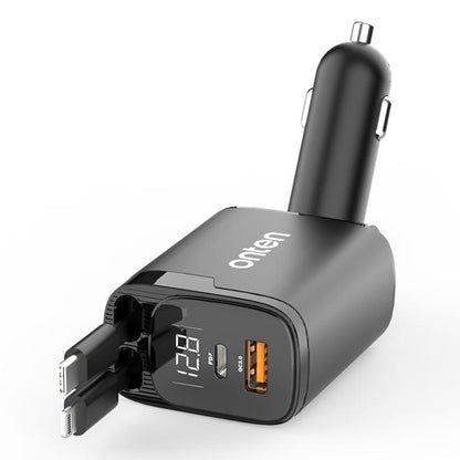 Onten 4-in-1 car charger with retractable cable, black USB-A and USB-C ports