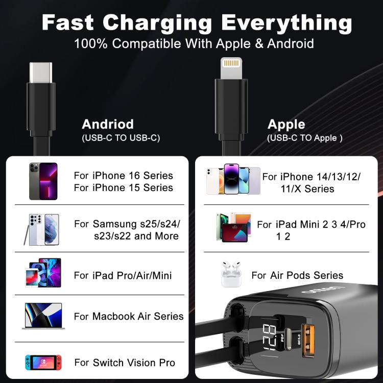 Onten car charger with dual ports and retractable connector, black body with orange USB-A
