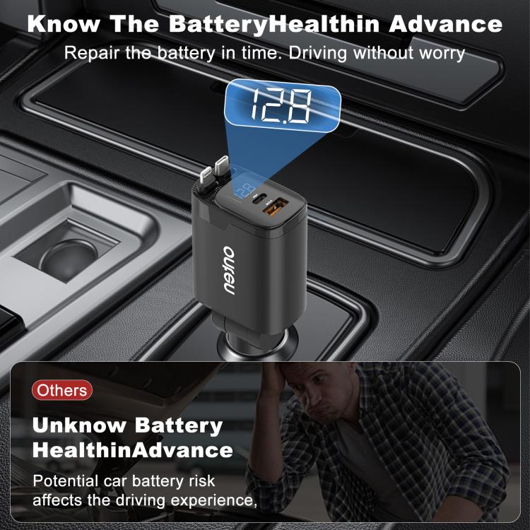 Onten car charger with retractable cable, in-car power module with small LED display