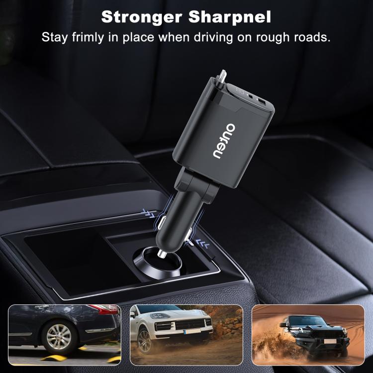 Onten car charger with sturdy base and retractable USB-C cable for in-console use