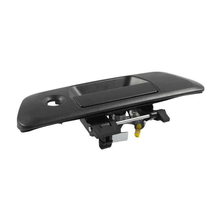 Rear door handle with internal switch mount and black cover, angled view