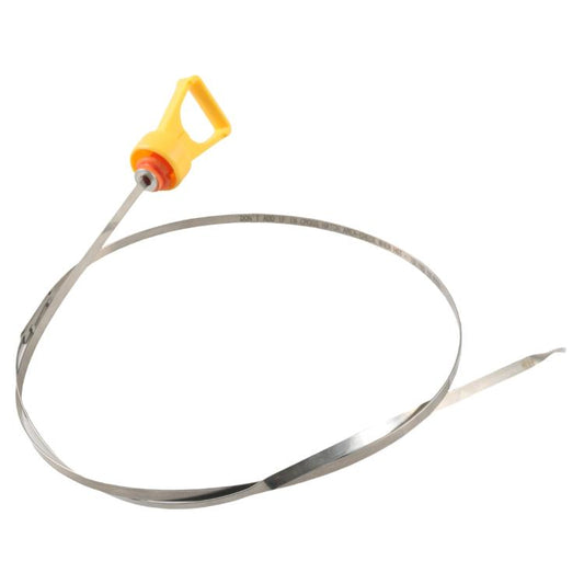 Engine oil dipstick measuring rod with yellow looped handle and metal shaft.