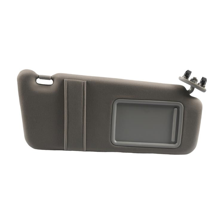 Gray right car sun visor with rectangular vanity mirror and mounting clips