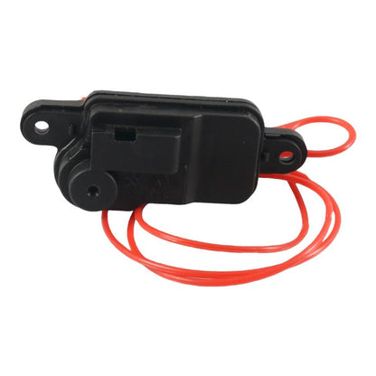 Black fuel tank door lock actuator with red wiring harness and mounting bracket
