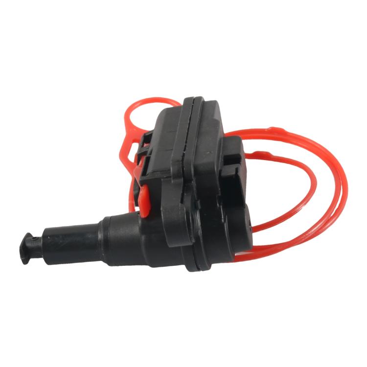 Black fuel tank door lock actuator component with spout and red wire leads