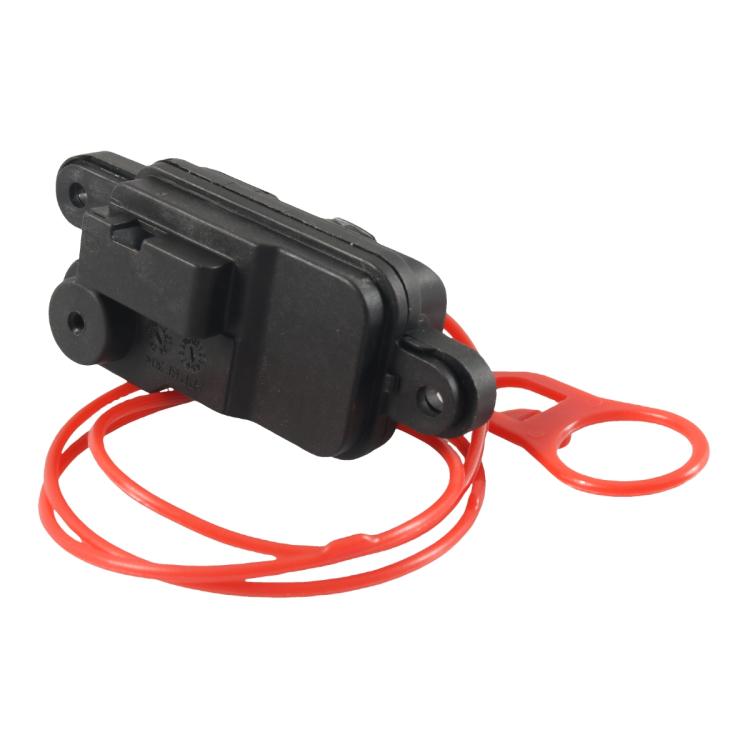 Black fuel tank door lock actuator with side mounting holes and red wire leads