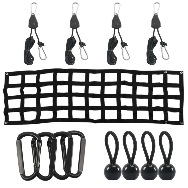 Black heavy-duty cargo net with adjustable rope hooks and metal clips set
