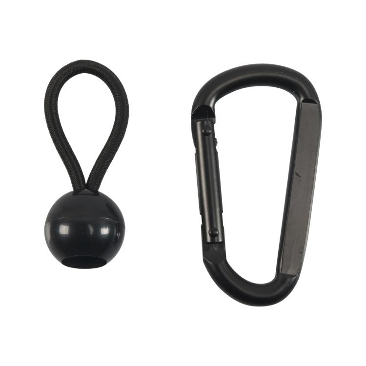 Black adjustable rope hook with metal carabiner clip and loop