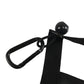 Close-up black cargo net strap with metal S-hook and protective fabric edge