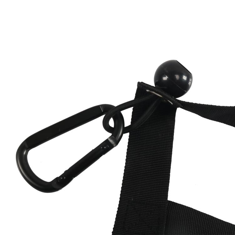 Close-up black cargo net strap with metal S-hook and protective fabric edge