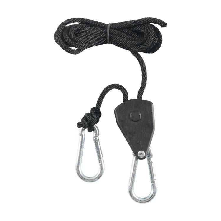Black rope with metal carabiner clips and adjustable hook plate
