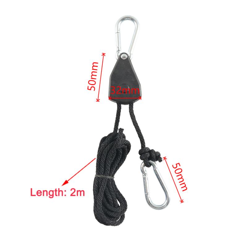 Adjustable rope hooks with metal carabiners and included rope length (diagram)
