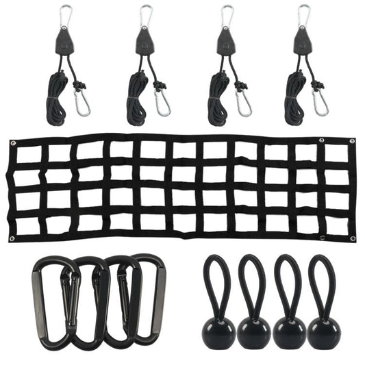 Black heavy-duty cargo net with adjustable rope hooks and metal clips set