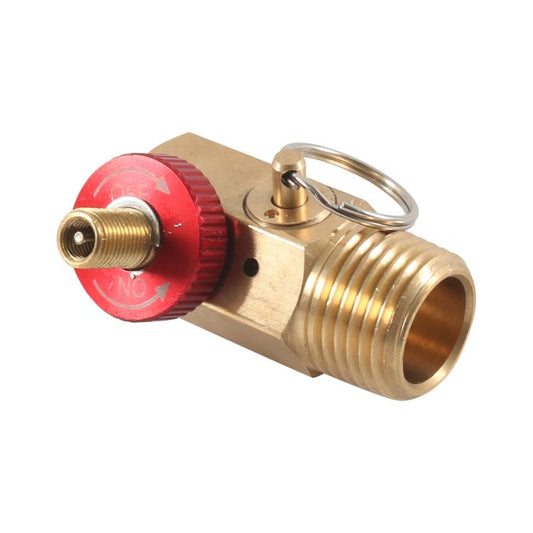 Brass air tank valve with red adjustment knob and metal keyring