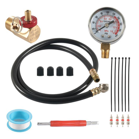 Air tank pressure gauge kit with black hose, brass connectors, and air needles