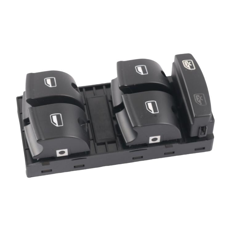 Power window switch panel with four window buttons and lock icon, black plastic